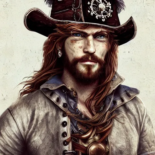 Image similar to rugged playful pirate, 3 0 years old, male, handsome, masculine, red hair, long hair, soft hair, fantasy, intricate, elegant, highly detailed, steampunk, airship, digital painting, artstation, concept art, character art, smooth, sharp focus, illustration, art by artgerm