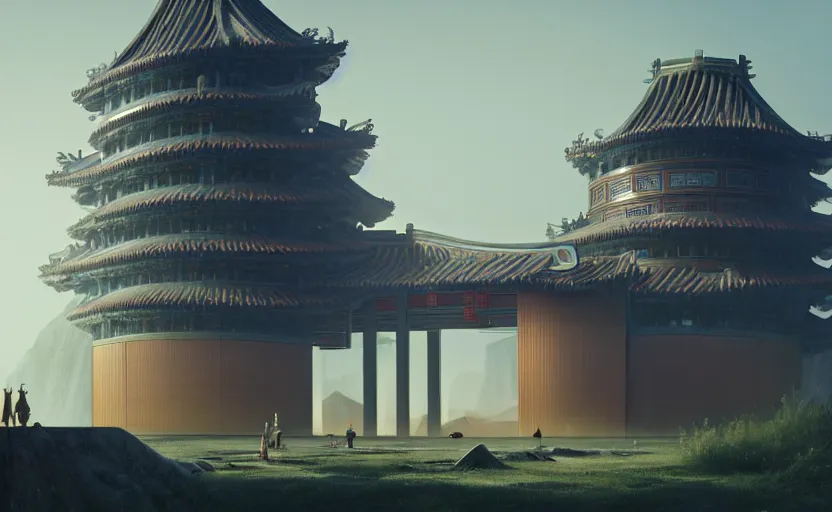 Prompt: exterior shot of utopian ancient chinese architecture with cinematic lighting by zaha hadid peter zumthor and renzo piano and frank gehry, darek zabrocki and greg ruthkowski, simon stalenhag, cinematic, holy place, paradise, scifi, futurism, atmospheric, concept art, artstation, trending on artstation