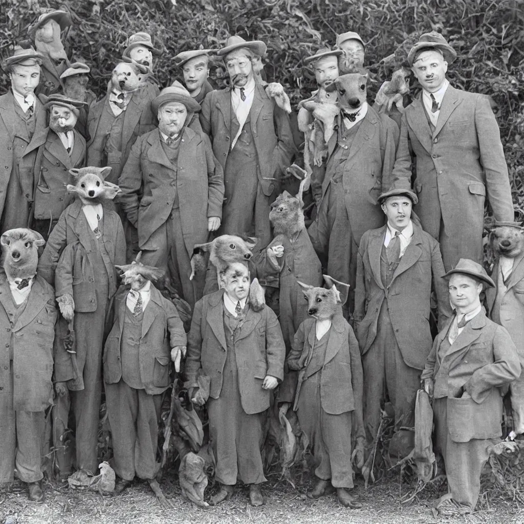 Image similar to a group of badgers in 1 9 4 0 s suits, standing upright like people, anthropomorphic, style of beatrix potter, rendered as a highly detailed photograph