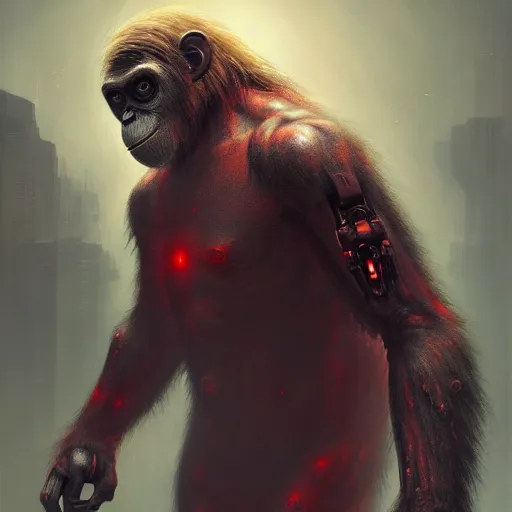 Image similar to a biomechanical cyborg ape with a scar on his eye, planet of the apes, with one red glowing eye sitting on top of a tank, hero character art, scars, by chris leib and greg rutkowski and android jones in a dark fantasy cyberpunk style, oil on canvas, dramatic lighting, raytracing, 8k, hd.