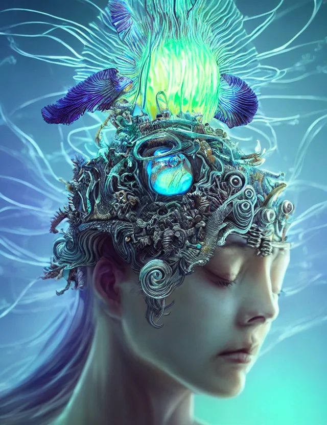 Image similar to goddess macro close - up portrait wigh crown made of ram skull. betta fish, jellyfish phoenix, bioluminiscent, plasma, ice, water, wind, creature, super intricate ornaments artwork by tooth wu and wlop and beeple and greg rutkowski