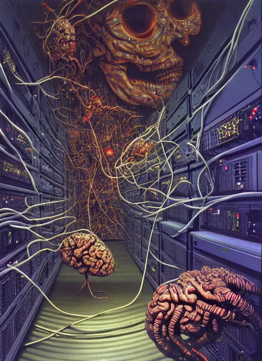 Prompt: realistic detailed image photo of little cockroaches devouring a big human brain connected with wires and cords to a huge PC computer screen monitor from 90s in a huge server room, in an outer space by Ayami Kojima, Amano, Karol Bak, Greg Hildebrandt, and Mark Brooks, rich deep colors. Beksinski painting, art by Takato Yamamoto. masterpiece.