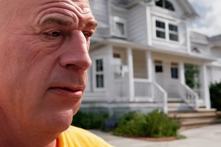 Image similar to movie scene portrait closeup, real life homer simpson in front of house, natural lighting by emmanuel lubezki