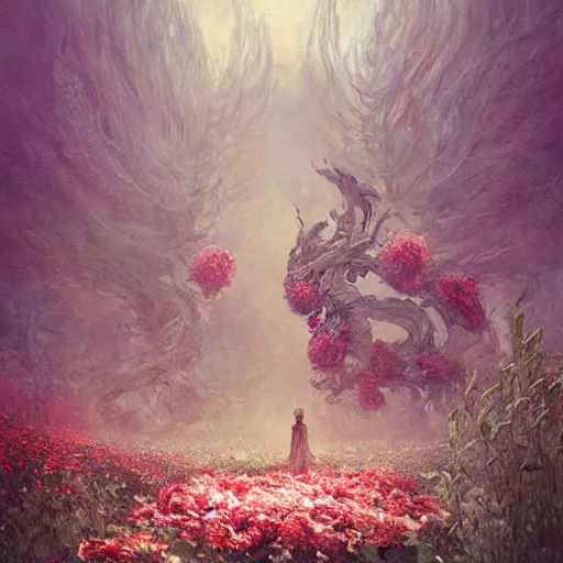 Image similar to a gigantic beautiful terrifying monster made of flowers looms over a tiny human. ethereal horror fantasy art by greg rutkowski and magali villanueve and monet