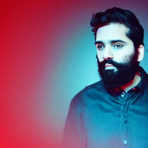 Image similar to a man with black hair and beard, wearing a black jacket, white shirt and blue jeans, standing in a room engulfed in red light, cinematic, bloom, breathtaking, illustration, realistic
