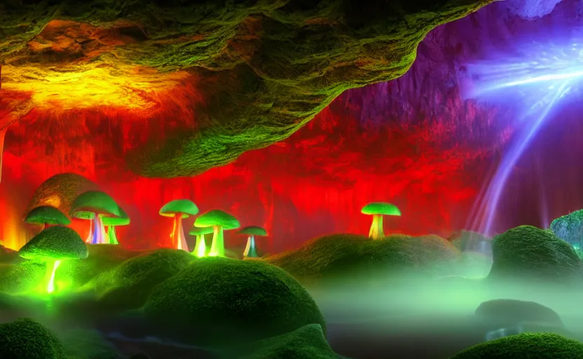 Image similar to a beautiful and stunning professional digital photo of a humongous glowing mushroom cave, haze, waterfall, volumetric lighting, hyperrealistic, red, yellow, green, blue, sunset, unreal engine 5, ultra detail