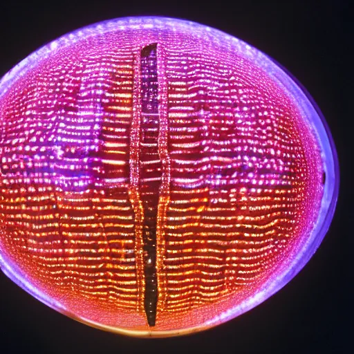Prompt: annie liebowitz portrait of a plasma energy tron dinosaur egg made up of glowing electric plates and patterns. cinestill