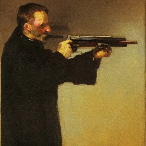 Prompt: a beautiful painting by harriet backer of sunlight behind a male priest holding a gun