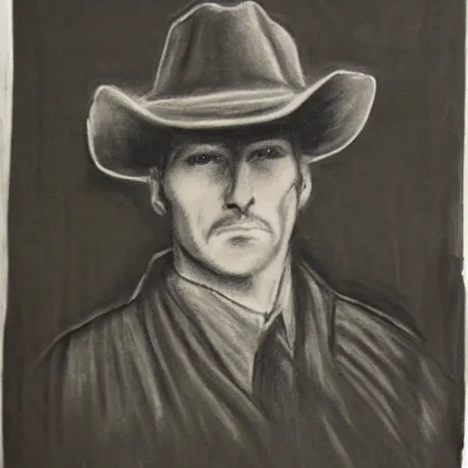 Prompt: charcoal portrait of an early 20th century jung monster hunter, cowboy hat, coat