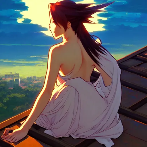 Image similar to digital anime art in the style of netflix arcane, beautiful gorgeous female shinobi sitting on an old oriental roof at sunset, wlop, alphonse mucha, greg rutkowski, ilya kuvshinov, backlit