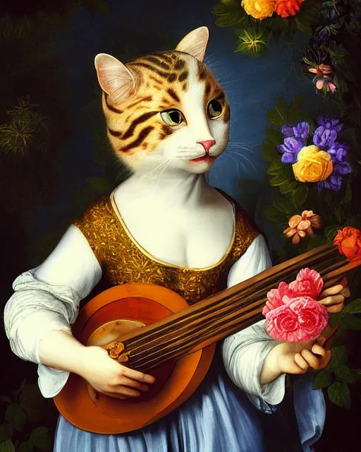 Prompt: baroque portrait of a anthropomorphic cat playing a lute, bright, garden with flowers, digital art, award winning