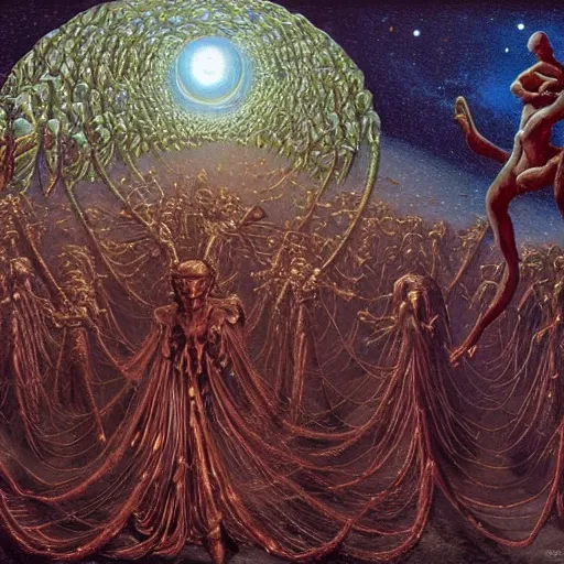 Image similar to winged angels playing an important boardgame, at night, chained to planets, under a black night sky of astronomical glittering starlight in the outer reaches of the solar system beyond the rings of neptune, watched by mystic figures in heavy burgundy robes, by raqib shaw, beksinski, zdzisław beksinski