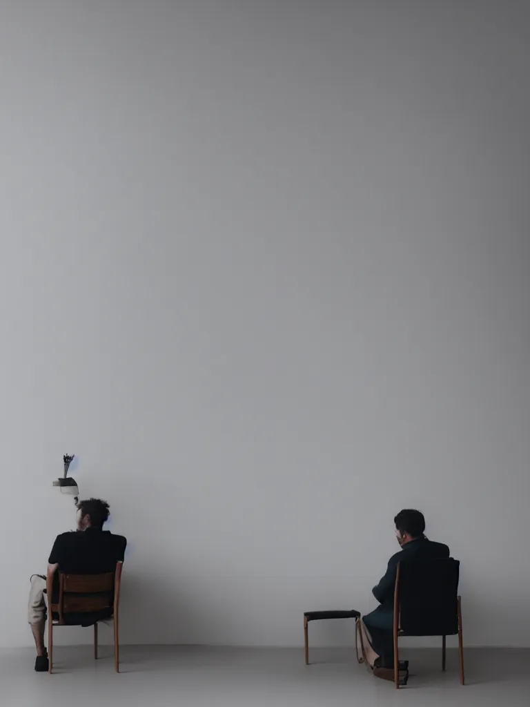 Prompt: a man sitting on a chair in a white room