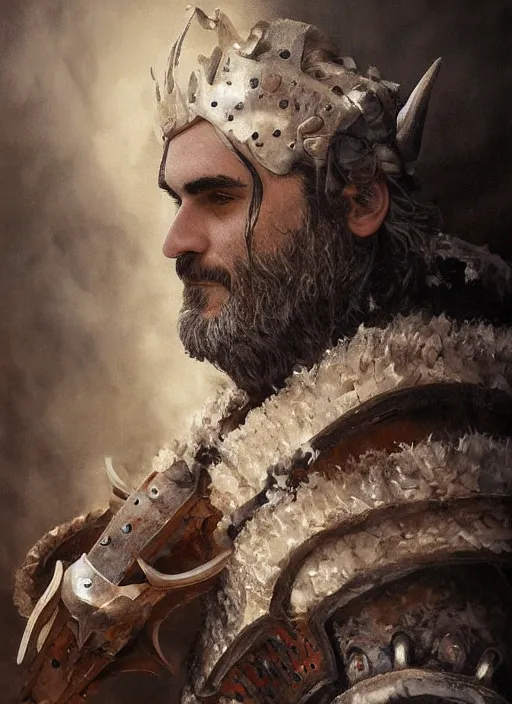 Prompt: digital painting of joaquin phoenix with an armor made of animals, cow horns, pig nose, sheep wool, chicken feather armor, majestic, by anna podedworna and miklos ligeti, diego maricato, taran fiddler, antonino truisi, chris reddie, jinsung lim, trending on artstation