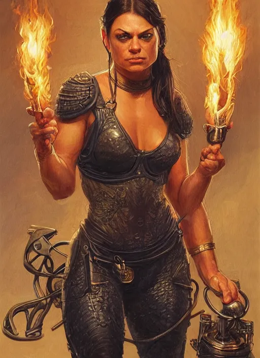 Image similar to portrait of a very muscled Mila Kunis as a heroine staring into the camera, torches and fireflies, artstation, intricate, elegant, highly detailed, art by Donato Giancola, Joseph Christian Leyendecker, WLOP, Boris Vallejo, Artgerm