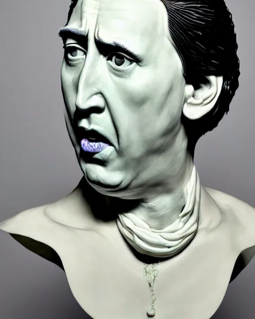 Prompt: a massive porcelain sculpture in the public eye of nicholas cage's face spewing femininity from his mouth, in the style of johnson tsang, funny sculpture, lucid dream series, oil on canvas, francis bacon