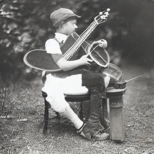 Prompt: Kodak photograph of a fox playing banjo, circa 1912