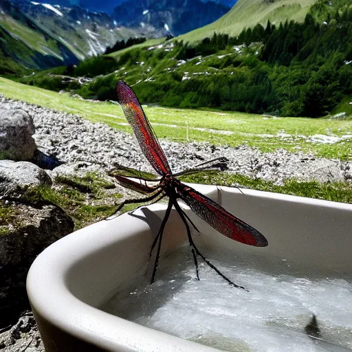 Prompt: dragonfly in a bathtub in the alps, sheep!!! in background