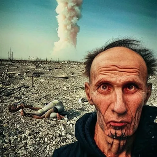 Image similar to last selfie of last alive ukrainian very damaged body to bones after a nuclear strike, a nuclear explosions in the background, dead bodies everywhere, 2 0 2 2