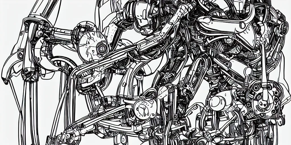 Image similar to a portrait of an ultra detailed mechanical robot with anthropomorphic look frond mid - level body view in black and white ink line art