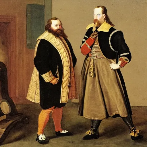 Prompt: Johannes Bureus teaching his young student Gustavus Adolphus about strategic warfare, 17th century painting