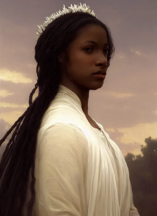 Image similar to oil painting close up portrait of a contemplative young black woman with long dark flowing hair in a white dress, wearing a crown of lilies of the valley at sunset, hazy, digital art, chiaroscuro, artstation, cinematic, golden hour, digital art painting by greg rutkowski, william - adolphe bouguereau, hazy atmosphere, cinematic lighting