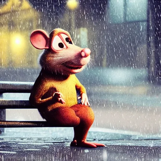 Prompt: sad anthropomorphic rat, pixar, 3 d, sad, lonely, moody lighting, wearing a fur coat, in the rain, at night, sitting on a park bench