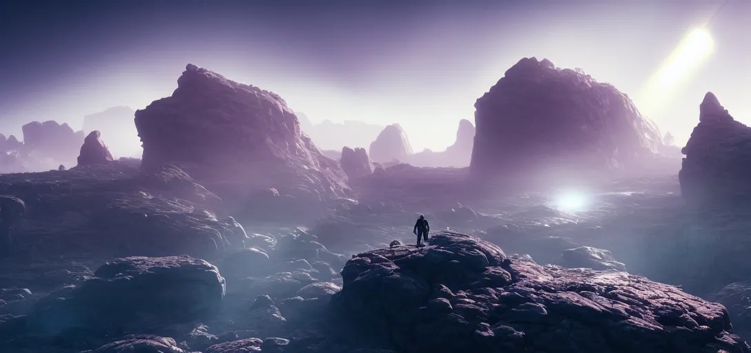 Prompt: dramatic view of empty rocky alien wasteland, mysterious aquamarine glowing fog, small floating rocks in the sky, glowing nacreous clouds,, unreal engine, dramatic lighting, detailed, ambient occlusion, global illumination, god rays, 3 d artstation render by greg rutowski and jessica rossier