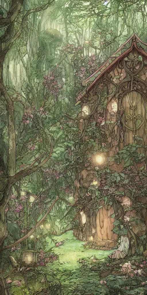 Prompt: an elvish Fairy house in the Woods, fantasy, art nouveau, daylight, warm light, spring, studio ghibli, Moebius, siya oum, ultra detailed, High definition, Sharp