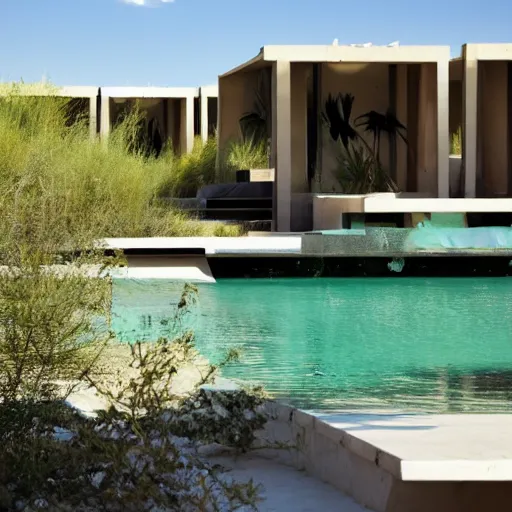 Image similar to habitat 6 7 in the desert, biophilia mood, pool, garden