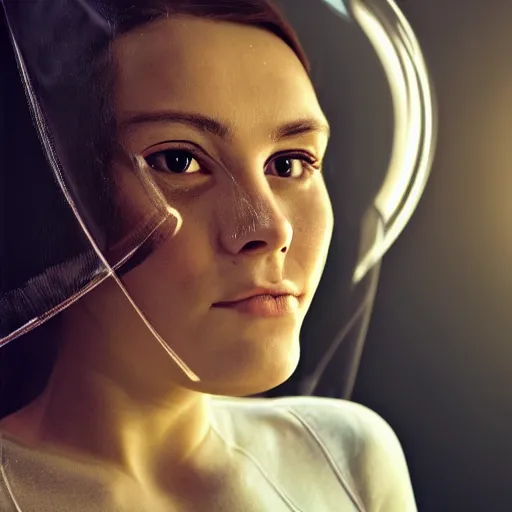 Prompt: portrait photograph of an extremely beautiful!!!! young female, symmetric face!, symmetric round detailed eyes!!, slight smile, natural light, wearing a spacesuit!! in a spaceship. looking at the camera!!. super resolution. extremely detailed. graflex camera!, bokeh!!!!! trending on artstation.