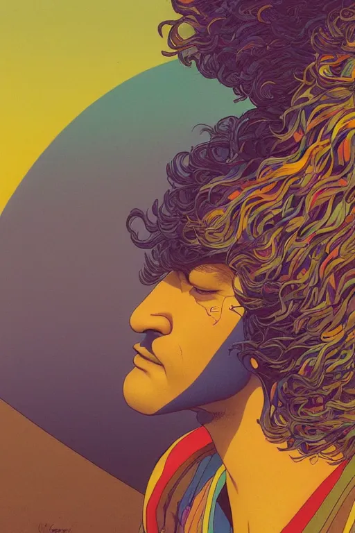 Prompt: a colorful vibrant closeup portrait of a simple caucasian man with curly mid length brown hair with a calm aesthetic face and dreaming psychedelic hair, by kawase hasui, moebius, edward hopper and james gilleard, zdzislaw beksinski, steven outram colorful flat surreal design, hd, 8 k, artstation