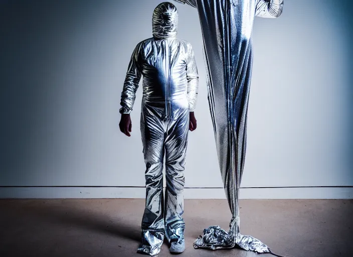 Image similar to man wrapped in foil standing on a buss cenimatic photography