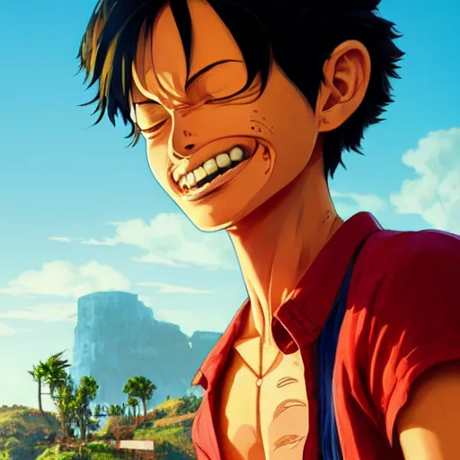 Image similar to highly detailed portrait luffy in gta v, stephen bliss, unreal engine, fantasy art by greg rutkowski, loish, rhads, ferdinand knab, makoto shinkai and lois van baarle, ilya kuvshinov, rossdraws, tom bagshaw, global illumination, radiant light, detailed and intricate environment