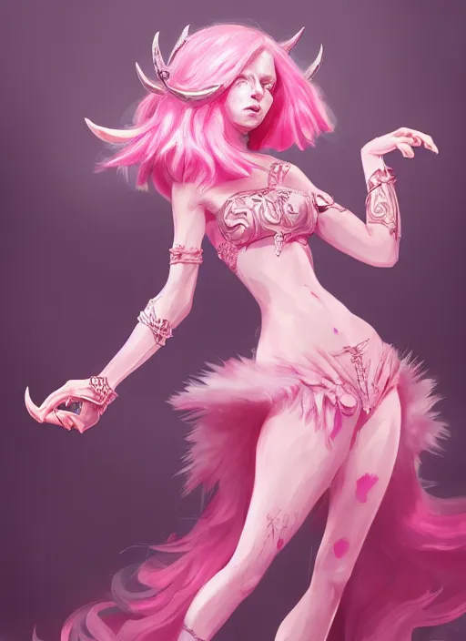 Image similar to a highly detailed illustration of pink haired pale demon girl wearing pink dress wielding claws, dramatic claw pose, intricate, elegant, highly detailed, centered, digital painting, artstation, concept art, smooth, sharp focus, league of legends concept art, wlop.