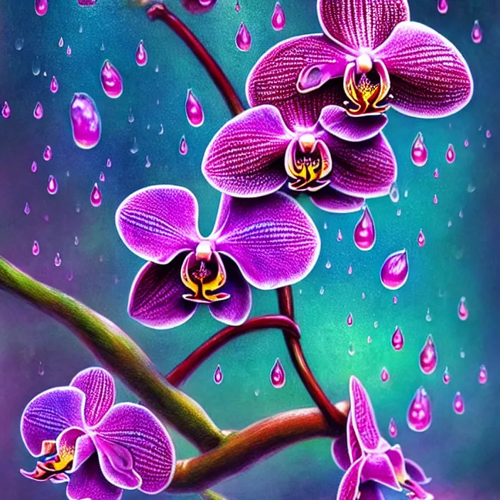 Prompt: extremely psychedelic macro orchid and cherry blossom and musroom, DoF, LSD, raindrops, specular highlights, diffuse lighting, fantasy, intricate, elegant, highly detailed, lifelike, photorealistic, digital painting, artstation, illustration, concept art, smooth, sharp focus, art by John Collier and Albert Aublet and Krenz Cushart and Artem Demura and Alphonse Mucha