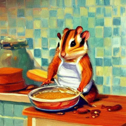 Image similar to ! dream chipmunks in a kitchen baking cookies, vintage kitchen, monet, painting, impressionism, chipmunk animal, baking cookies, colorful, accurate, artstation award, concept art