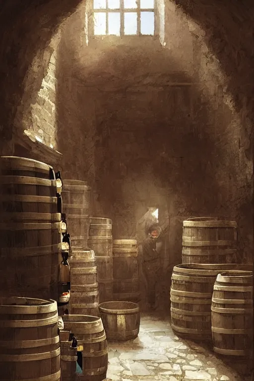 Prompt: an old small medieval tavern stockroom with rows of barrels and wine racks, a single small rectangular window allows sun into the room, by greg rutkowski, artgerm, craig mullins, alan lee