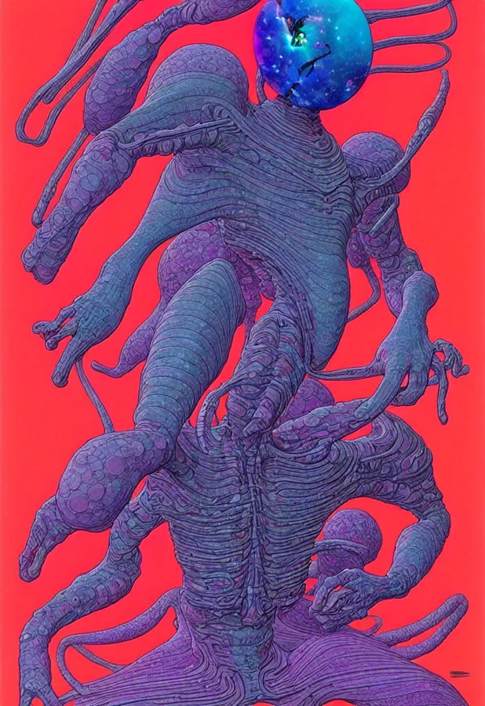 Image similar to ( ( ( ( a humanoid creature from another planet. ) ) ) ) by mœbius!!!!!!!!!!!!!!!!!!!!!!!!!!!, overdetailed art, colorful, artistic record jacket design