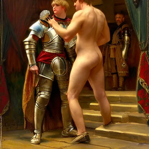 Image similar to attractive fully clothed arthur pendragon confesses his love for his attractive fully clothed male knight. highly detailed painting by gaston bussiere and j. c. leyendecker 8 k