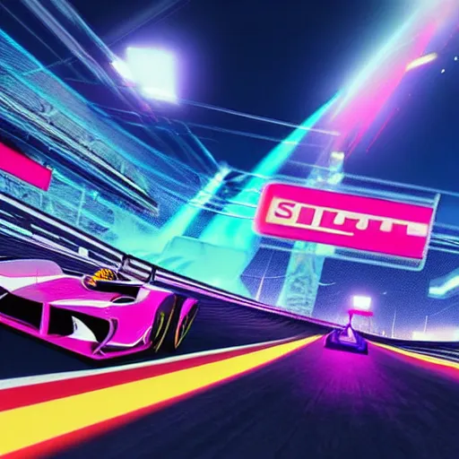 Prompt: “a formula 1 race set against the background of space stars and bright lights with vibrant synthwave styled roads, multiple cars competing against each other, super wide angle, 8K UHD”
