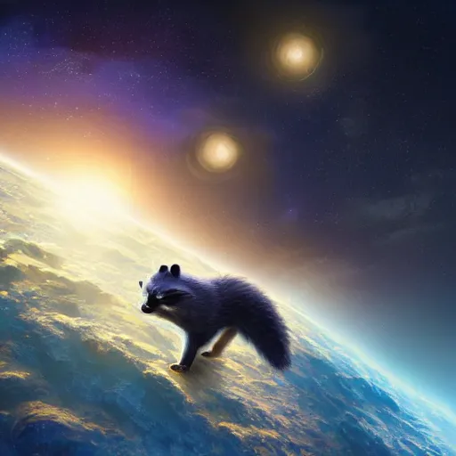 Image similar to A digital concept art painting a space cosmic racoon in the stars 4K UHD image, unreal engine