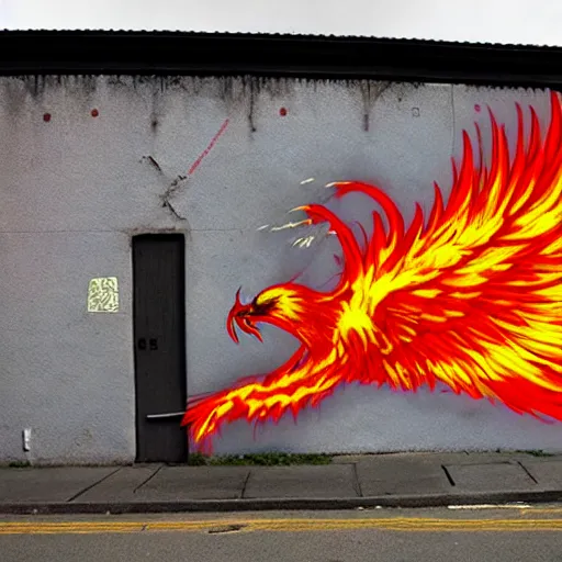 Prompt: Phoenix in fire, street art by bansky