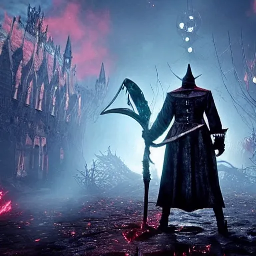 Prompt: “ a still of patrick star as a bloodborne boss ”