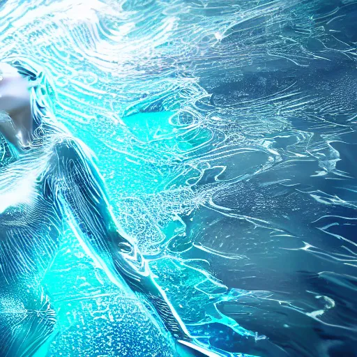 Prompt: water art in the shape of a womens body, on the ocean water, water art, futuristic, glowing, hyper realistic, ray tracing, realistic water splashes, sharp focus, long shot, 8 k resolution, cinematic