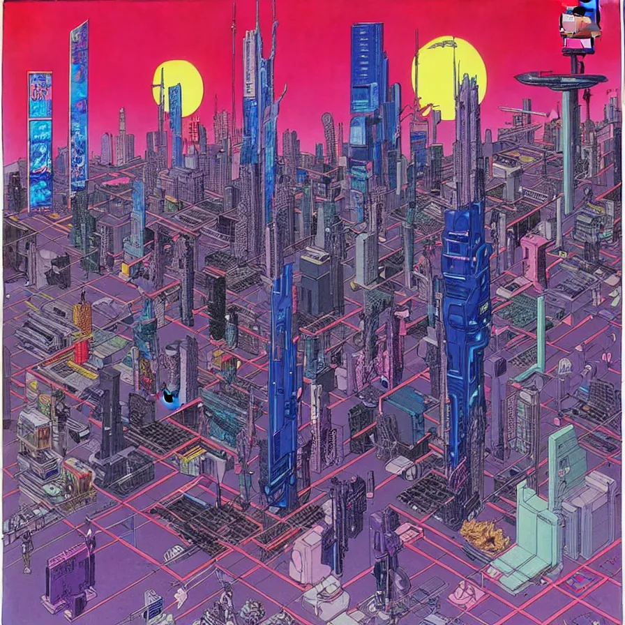 Image similar to ( ( ( ( cyberpunk city ) ) ) ) by mœbius!!!!!!!!!!!!!!!!!!!!!!!!!!!, overdetailed art, colorful, artistic record jacket design