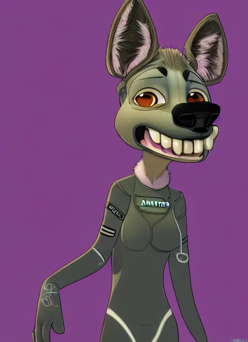 Image similar to digital detailed full body of anthromorphic female hyena, in style of zootopia, zootopia, zootopia, fursona, furry, furaffinity, 4 k, deviantart, furry art, fursona art, wearing astronaut outfit, in style of zootopia, hyena fursona, cyberpunk, female, detailed feminine face,