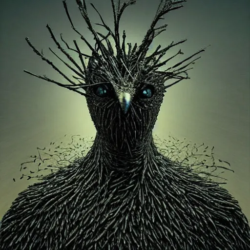 Image similar to horryfing mutant bird made of electricity fused with thousands of birds, thousand heads, mutilated, horror, blood, heavy damage, post apocalyptic, dystopian surrealism, grey, zdzisław beksinski, sad atmosphere, volumetric light, style giger, alex ries, symmetry accurate features, symmetry accurate features, very intricate details, high resolution, intricate