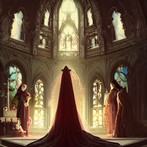 Prompt: an beautiful and detailed matte painting of a lesbian wedding between evil pyromancer and a vampire red mage, unholy union, white church background, god rays, sharp focus, highly detailed, cinematic lighting, studio quality, colorful, smooth render, vector illustration, award winning, by artgerm, greg rutkowski, alphonse mucha