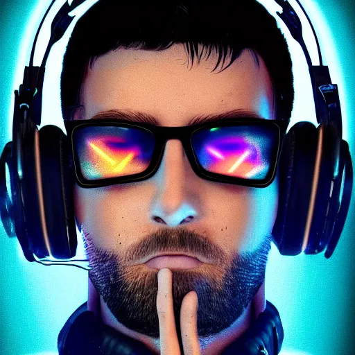 Image similar to electronic dj portrait, dj performing live streaming to online, cyberpunk 2 0 7 7, cyberpunk, photorealistic, ultra detailed, neon, octane, bokeh, cinematic lighting, cyber, cyberpunk city, headphones, studio quality, feature, scars, cyberface, 8 k